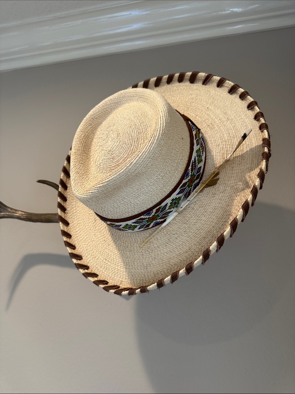Straw Wide-Brim Hat with Embroidered Band - Natural